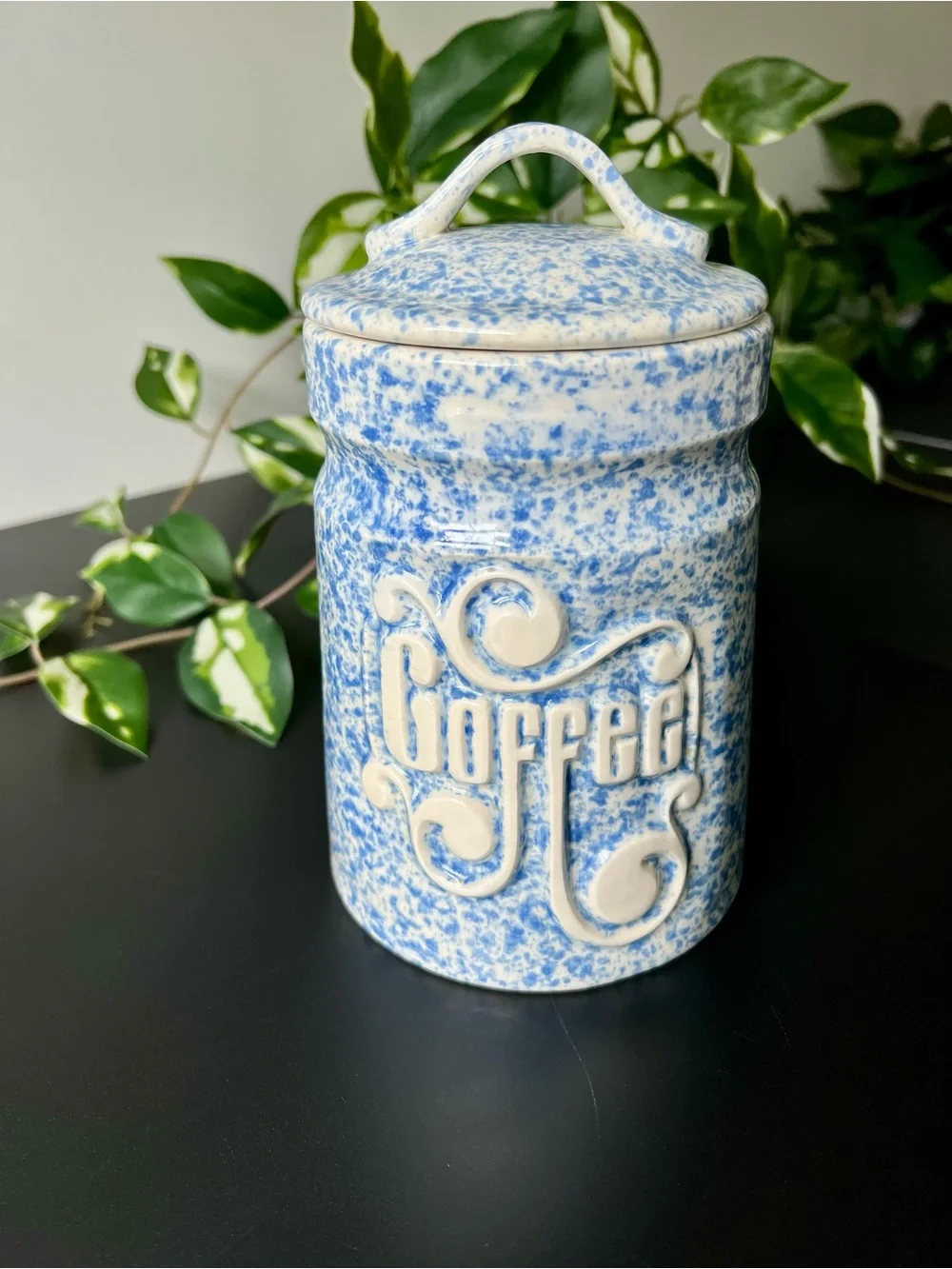 Vintage Treasure Craft USA Blue Spongeware Coffee Canister Ceramic Jar Farmhouse